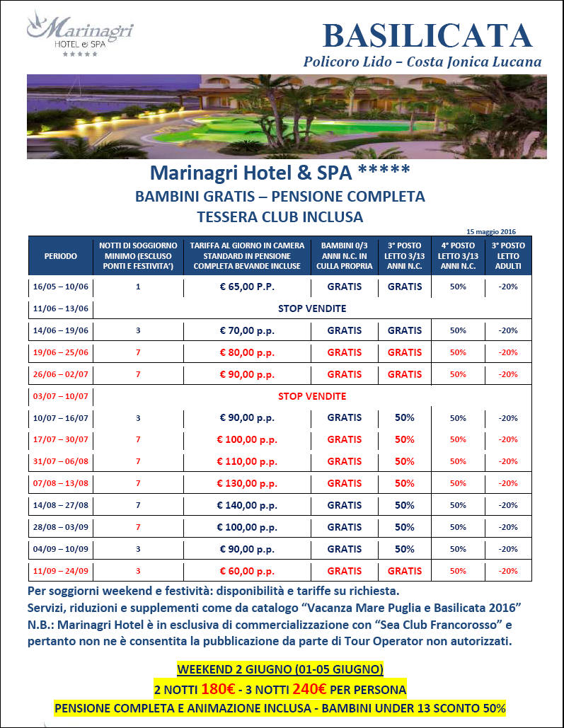 Offerte Tariffe Listino Prezzi 2016 Marinagri Hotel & Spa Basilicata Policoro