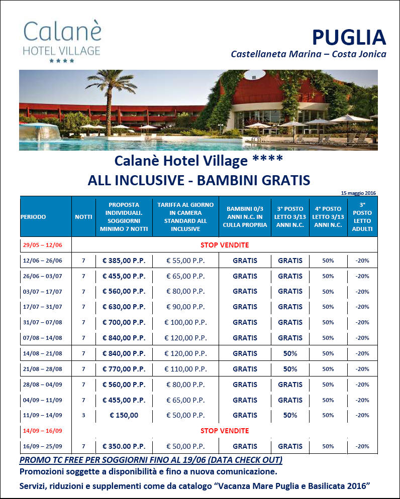 Offerte Tariffe Listino Prezzi 2016 Hotel Villaggio Calan� Catellaneta Marina Puglia