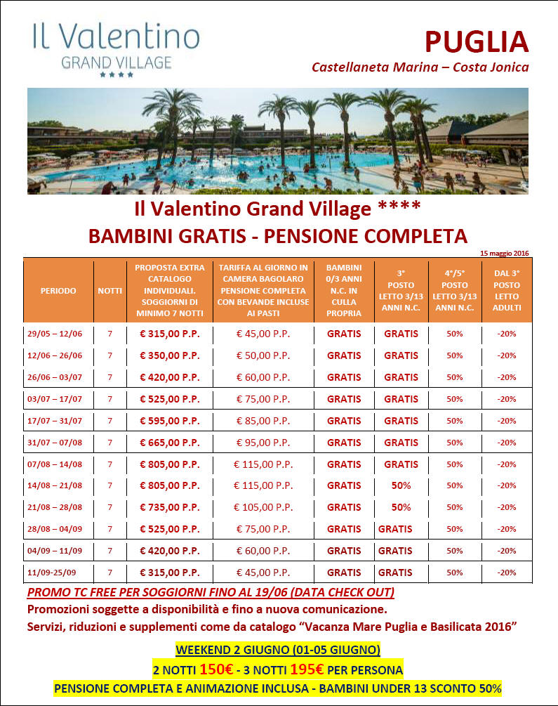 Tariffe Listino Prezzi 2016 Hotel Villaggio il Valentino Castellaneta Marina Puglia