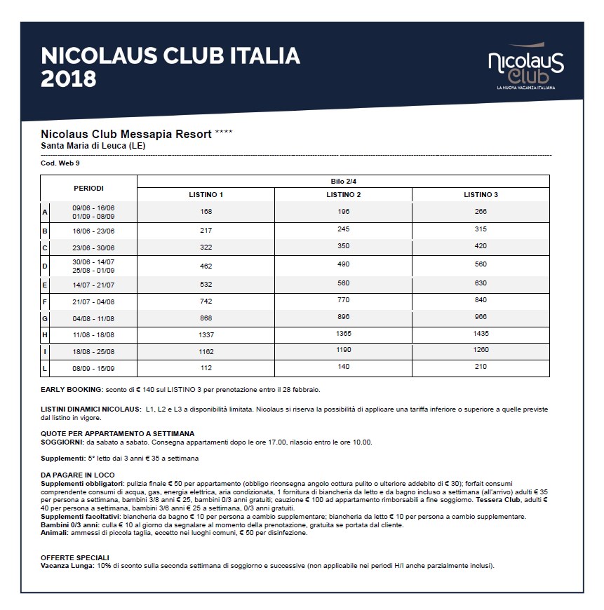 Tariffe Listino Prezzi 2018 Nicolaus Club Messapia Resort Formula Residence Santa Maria di Leuca Lecce Puglia